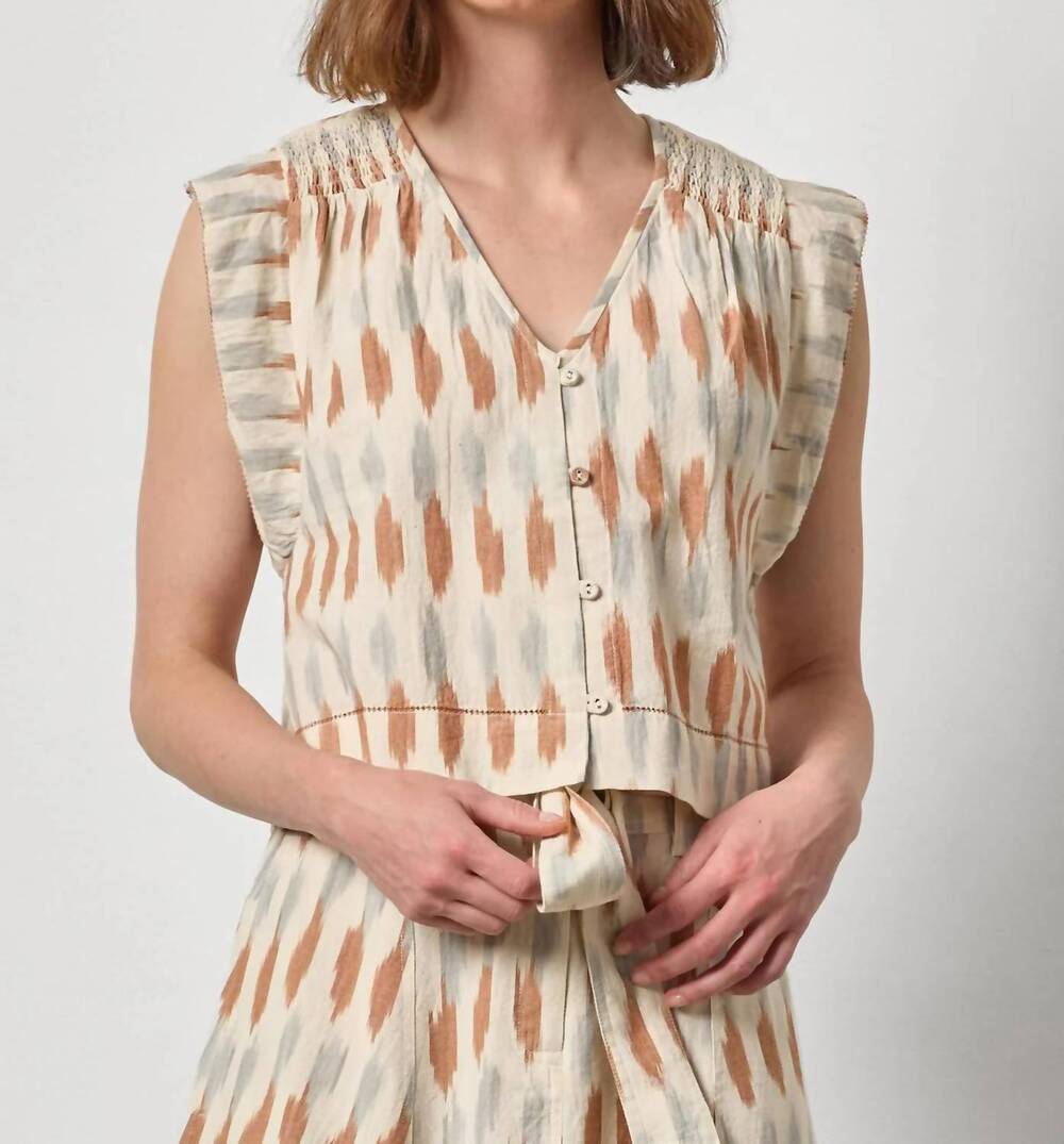 NEW LILLA P shirred shoulder top in carob ikat